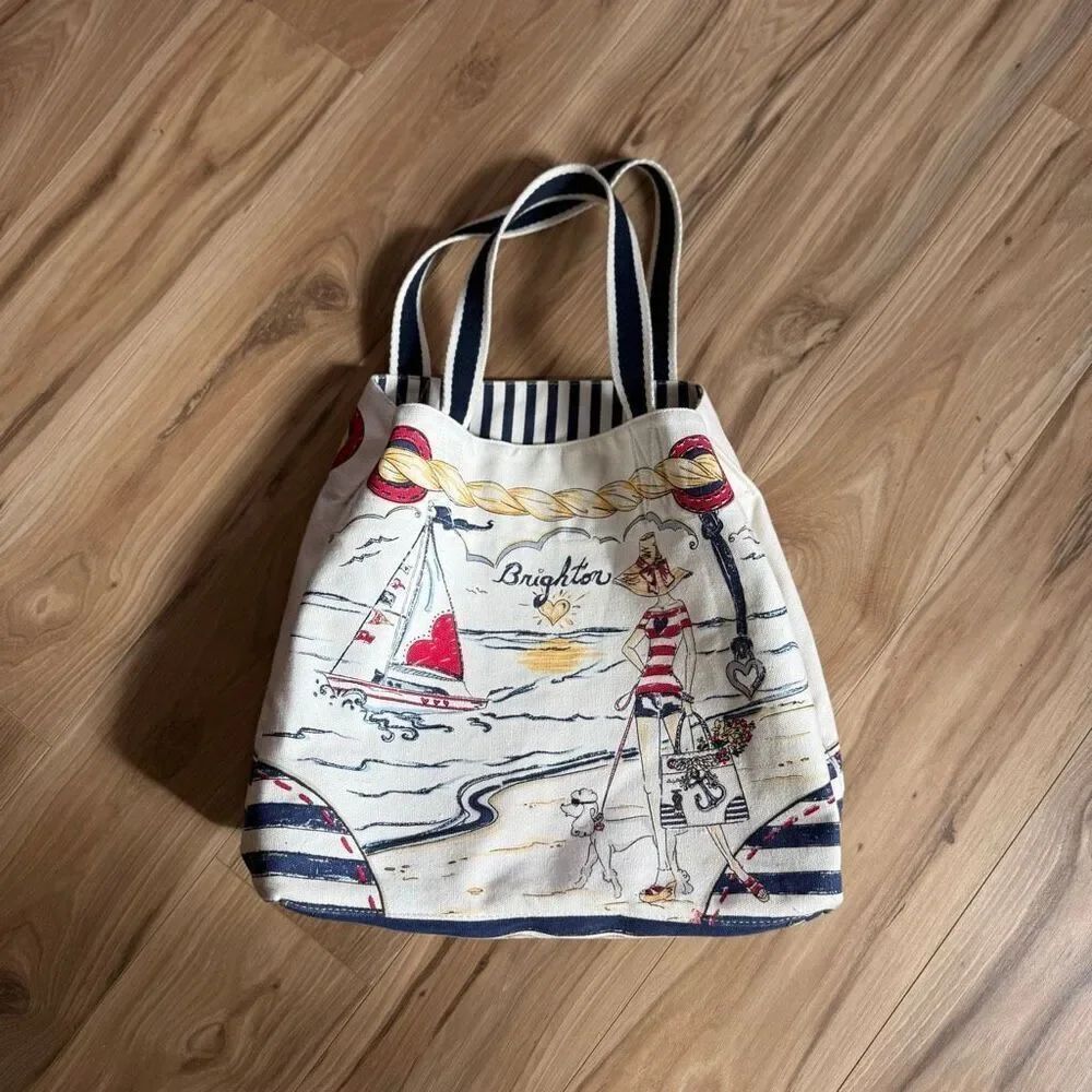 Brighton Womens Blue White Boardwalk Double-Sided Beach Nautical Canvas Tote Bag